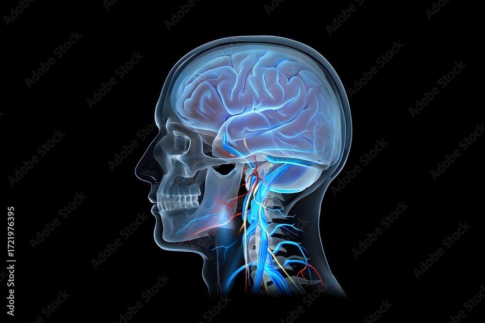 Human head anatomy with brain and blood vessels shown in transparent x ...