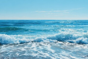 Wall Mural - Serene ocean waves gently rolling on a deep blue water surface under clear skies at midday, reflecting sunlight in a peaceful coastal atmosphere