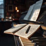 Otwarte nuty i pióro spoczywające na klawiszach fortepianu. Scena sugeruje przerwę w tworzeniu muzyki, w nastrojowym świetle.