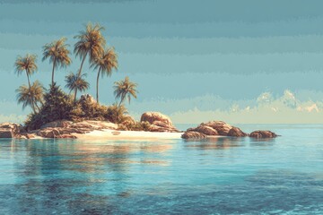 Wall Mural - Relaxing luxury resort seascape with a calm beach on a tropical island surrounded by serene blue waters and palm trees during a sunny day