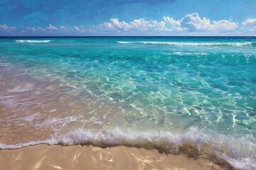 Wall Mural - Relaxing tropical beach with clear water and gentle waves under a bright blue sky