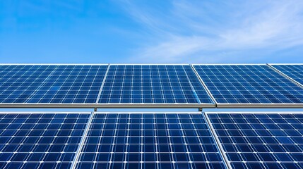 Solar panel array, blue sky, renewable energy, clean power, 