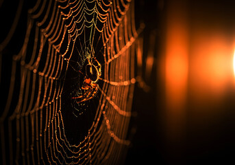 Dew drops adorn intricate spiderweb with a spider waiting