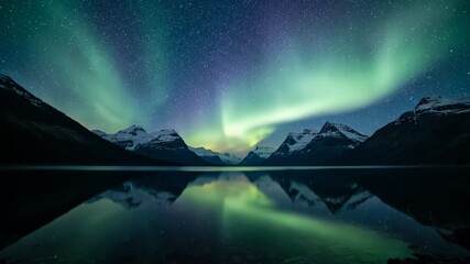 Wall Mural - Stunning Northern Lights Reflecting in Calm Fjord Waters with Distant Peaks Under a Night Sky Timelapse aurora borealis, colorful, Distant Peaks