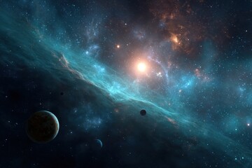 Wall Mural - Vibrant cosmic expanse reveals distant planets and glowing star formations in a deep space vista