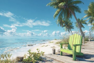 Wall Mural - Experience tranquility on a serene beach with gentle waves, vibrant palm trees, and a charming green chair under a clear blue sky