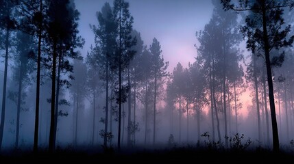 Wall Mural -   A misty woods filled with numerous trees upfront and a pastel-colored sky behind