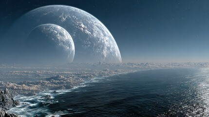 Wall Mural -   An artist's depiction of two celestial bodies in the skyline above a water body, surrounded by a rocky coastline