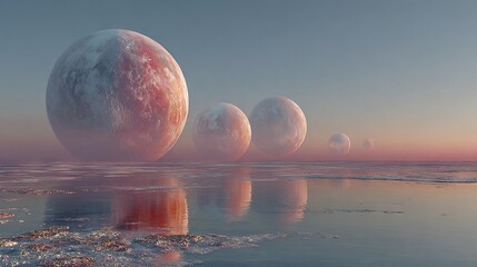 Wall Mural -  An artist's depiction of planets floating in the sky during a sunset over water