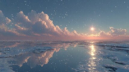 Wall Mural -   A large body of water under a cloudy sky with stars shining brightly around a single, luminous sun