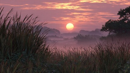 Wall Mural -   The sun descends over a misty meadow with towering blades of grass up front and trees behind