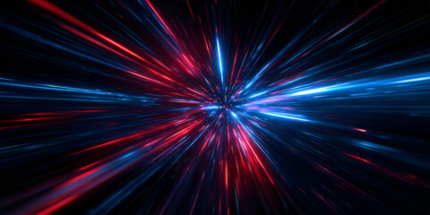 Wall Mural - A dynamic explosion of neon lines and particles. An abstract background for a banner or wallpaper. Bright blue and red glowing rays spreading in all directions. Digital abstract art