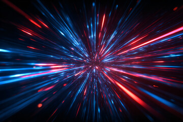 Wall Mural - A dynamic explosion of neon lines and particles. An abstract background for a banner or wallpaper. Bright blue and red glowing rays spreading in all directions. Digital abstract art