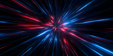 Wall Mural - A dynamic explosion of neon lines and particles. An abstract background for a banner or wallpaper. Bright blue and red glowing rays spreading in all directions. Digital abstract art