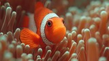   A close-up of a clownfish inside an anemone