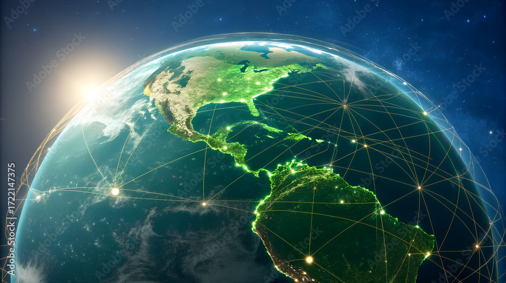 Glowing earth at sunrise over north and south america with city lights ...