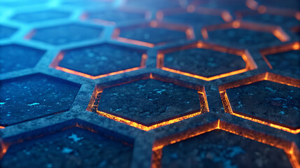 Abstract glowing hexagonal grid pattern with blue and orange light