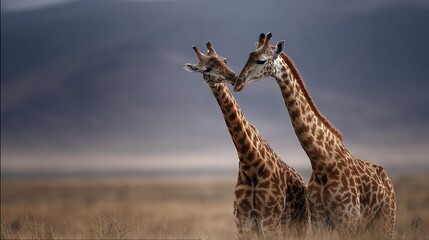 Canvas Print -   Two giraffes standing beside each other in a dry grass field against a mountain backdrop