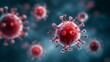 © Kateryna - Microscopic view of red virus cells, highlighting their unique shapes and structures against a blurred background, illustrating biological complexity