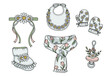 © Stylish - Floral Baby Accessories Vector Set – Hand Drawn Cute Headband, Bib, Mittens, Bootie, Scarf, and Pacifier Clip with Pastel Blossoms and Botanical Details (1)