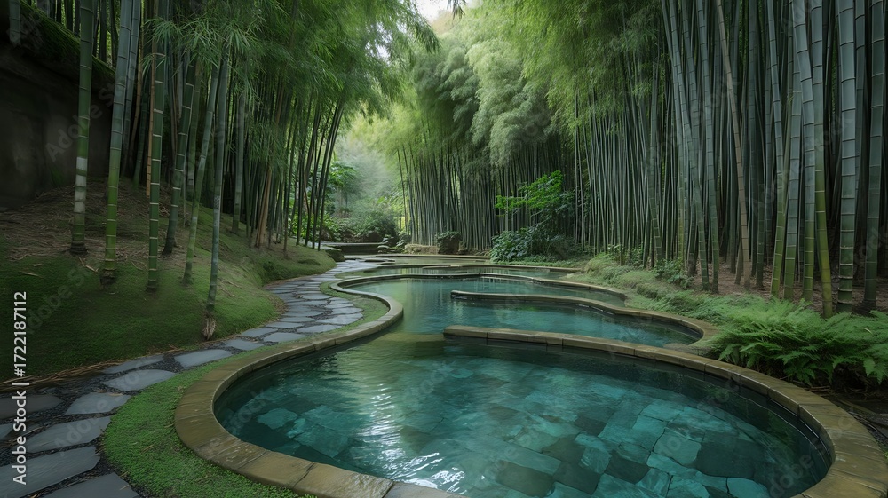 Bamboo forest with stone path and serpentine pools of water Stock Photo ...