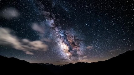 Wall Mural - Whispy clouds drift gently across the frame as the stunning Milky Way galaxy remains vibrant in a tranquil night timelapse galaxy, serene, celestial
