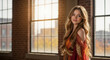 © Milan - Portrait of a woman with long wavy hair in a sunlit loft. Person in bohemian style clothing standing by a large window. Copy space for text.