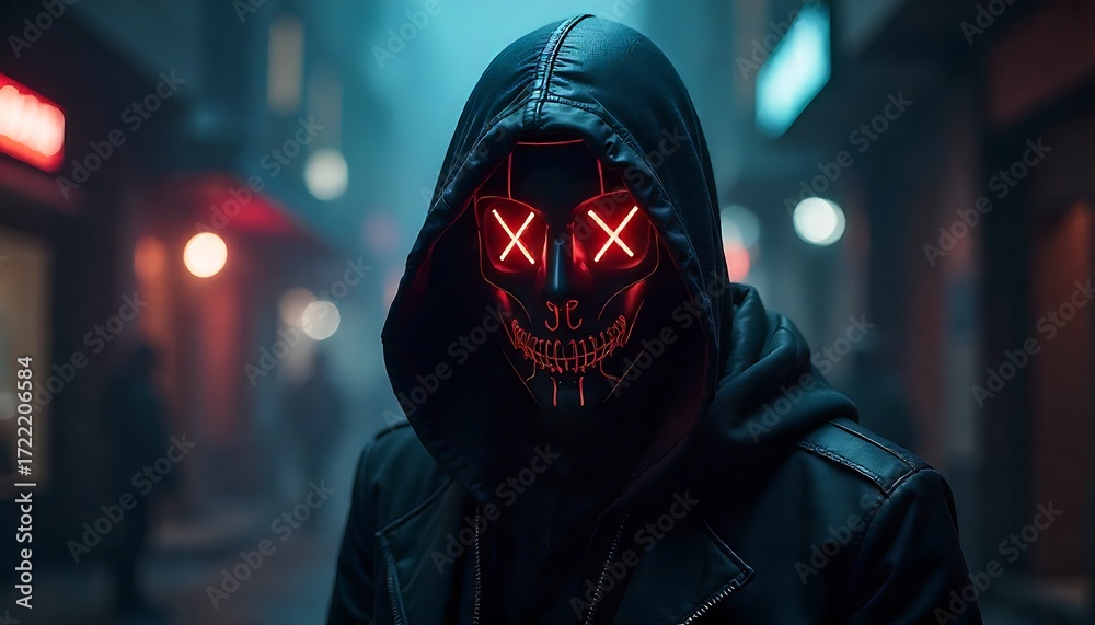 halloween futuristic, hooded figure with a glowing neon mask eyes ...