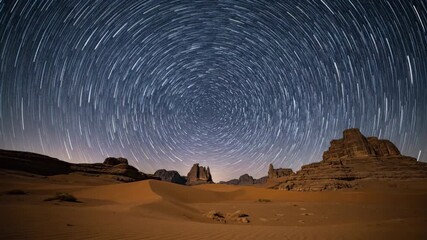 Wall Mural - Mesmerizing time lapse of star trails arching across a clear night sky above a vast, ancient desert landscape, symbolizing the untouched wilderness outdoors, inspiring, tranquil