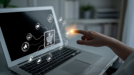 Wall Mural - Omni-channel marketing and online shopping strategies, cross-platform customer experience, brand unification, and integrated marketing communication across digital channels. Spline