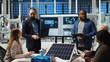 © DC Studio - Factory executives present sustainable manufacturing solutions to investors. Industrial plant executives pitching innovative solar panel production automation technologies to shareholders, camera A
