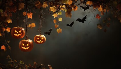 Wall Mural - halloween pumpkins hanging on vines with leaves and bats flying in the dark background Generative AI