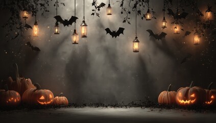 Wall Mural - halloween background with pumpkins and bats hanging on a black wall, spooky shadows, glowing lights, and a haunting atmosphere Generative AI