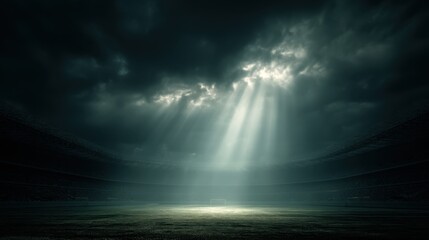 Wall Mural - Dramatic Lighting Over Empty Stadium Field with Dark Stormy Clouds and Rays of Sunlight Breaking Through the Sky
