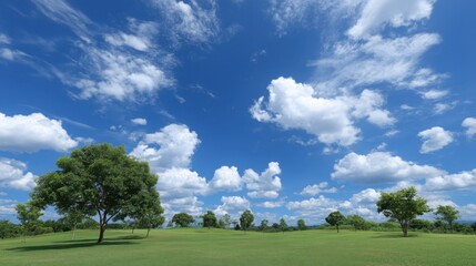 Wall Mural - Expansive Blue Sky with Fluffy White Clouds Over a Lush Green Landscape Under Bright Sunlight