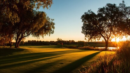 Wall Mural - Serene Golf Course at Sunset with Golden Light and Lush Greenery Enhancing Tranquil Outdoor Experience