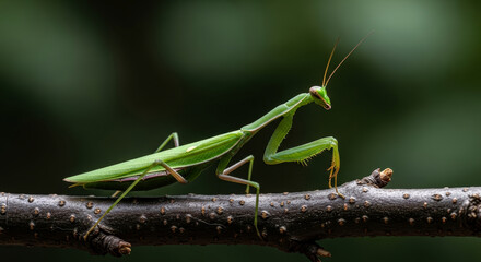 A green mantis perched on a branch against a blurred background in a nature setting outdoors close up view