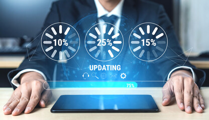 A concept of a system update and software installation. A progress bar and loading icons showing the update percentage and status. Motif