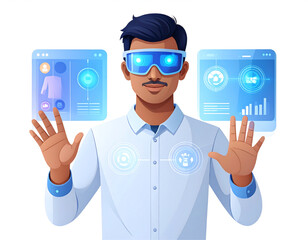 Man interacts with holographic displays using futuristic eyewear.