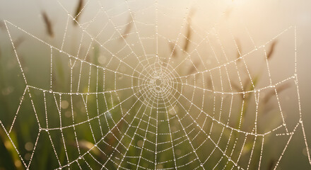 Spider Web in the Morning Dew: An ethereal spider web glistens with morning dew, showcasing intricate design and delicate natural beauty.