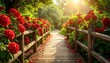 © Mori Deci - A sun-drenched walkway lined with a rustic wooden fence, adorned with vibrant red flowers, creates a serene and beautiful garden scene.