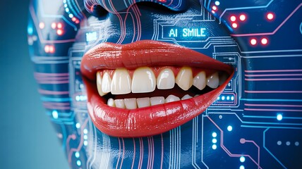 Futuristic artificial intelligence digital smile with circuit technology