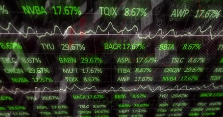 Wall Mural - Opening interface showing tickers climbing and falling with oscillating graph showing market shifts