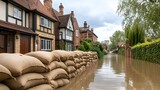 Residential street flooded with brown water houses protected by a long sandbag wall Rising water engulfs the road