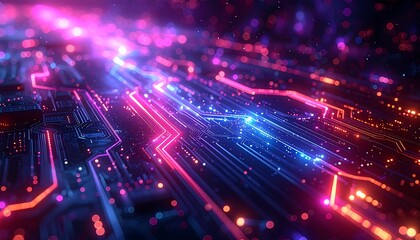 A close-up view of an abstract, futuristic digital circuit board with vibrant neon-like lines and bokeh effects. The image evokes a sense of technology and innovation