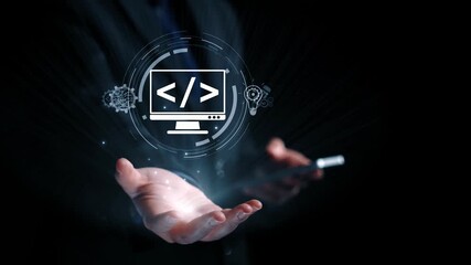 Modern web development concept featuring coding symbols, web development process, web development interface, and web development tools with futuristic design. Elide