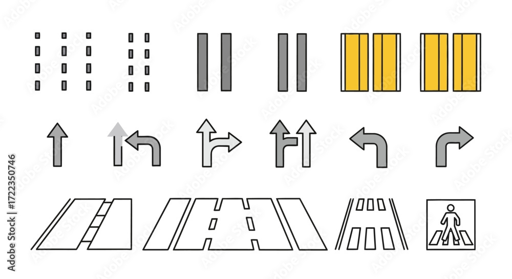 Collection of simple road markings and directional arrows for traffic ...