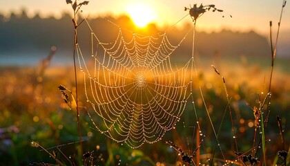A sunlit spiderweb glistens with morning dew in a vibrant, golden field. The sun peeks over the horizon, illuminating the fragile structure and surrounding grasses
