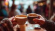 © Chanchai - A candid photography shot of hands exchanging coffee cups in a lively café setting, a realistic moment of connection