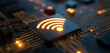 © sornram - Close-up view of a circuit board with a glowing Wi-Fi symbol illustrating connectivity.